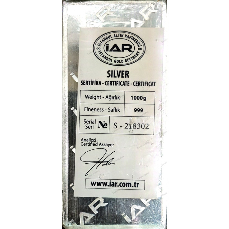 شمش نقره عیار (IAR) ترک وزن 1000 گرم عیار 999 (دو رو ضرب)